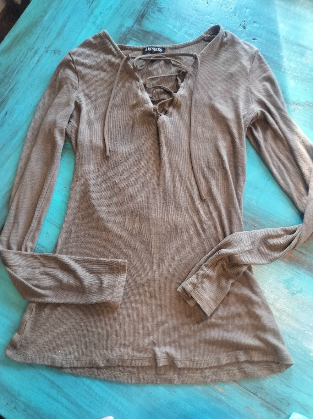 Express Brown Ribbed Lace-Up Long Sleeve Top
